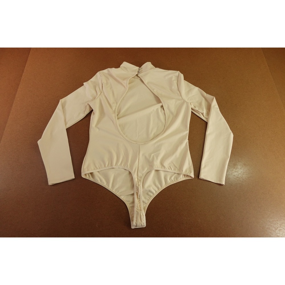 Bebe Womens Large Cream Stretch Open Back Mock Neck Long Sleeve Bodysuit Top NWT - Picture 6 of 12